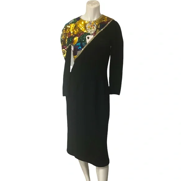 80s Saks Fifth Avenue Pat Sandler for Wellmore Sequin Beaded Dress M - Picture 1 of 16